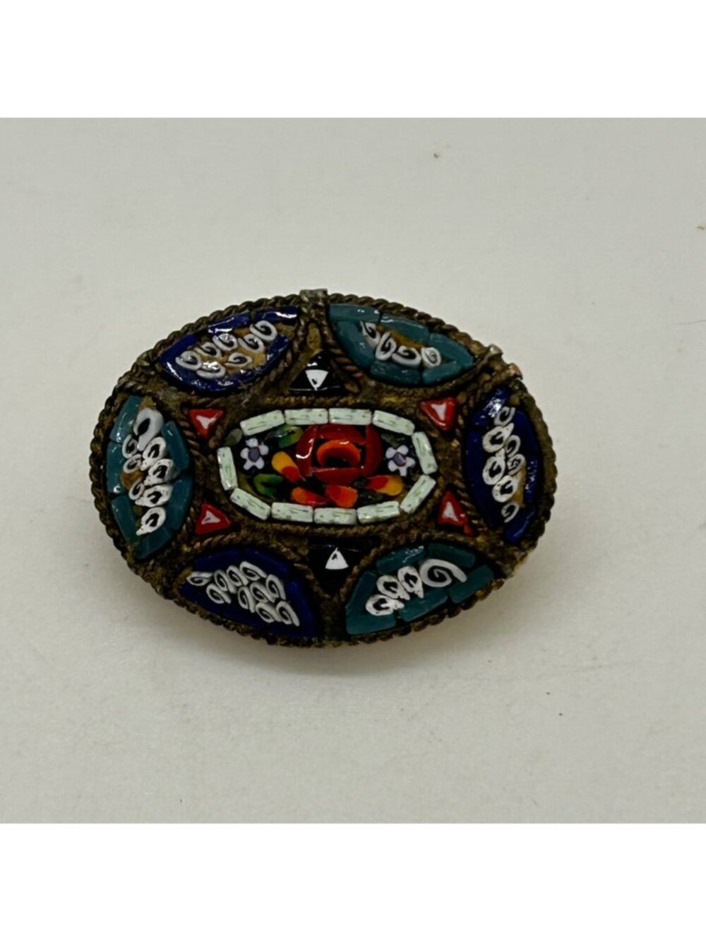 Vintage Micro Mosaic Oval Brooch Floral Gold-Tone C-Clasp Made in Italy - Picture 7 of 16